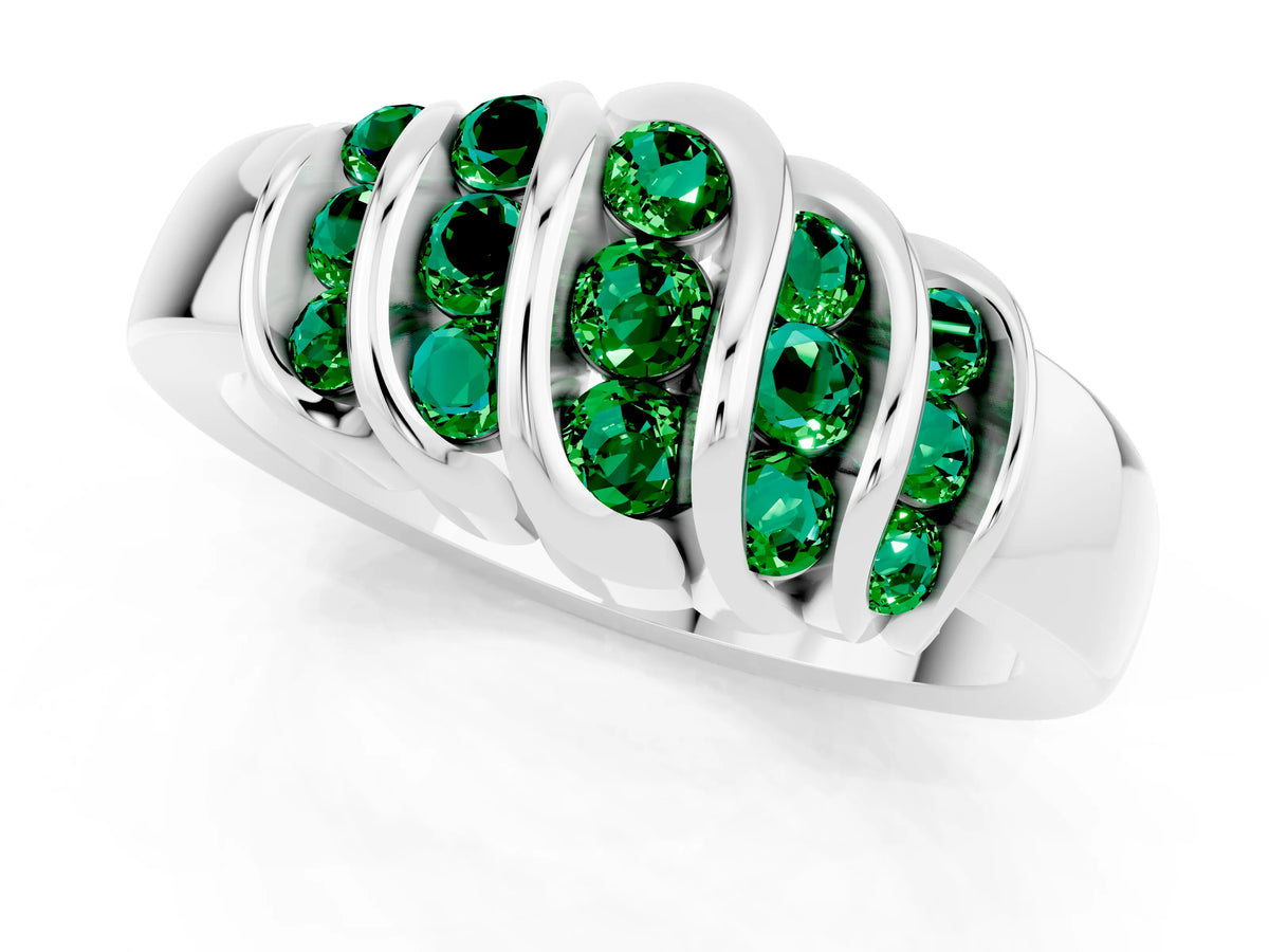 Round Emerald Multi-Row Crossover Band in Platinum with Polished Curves