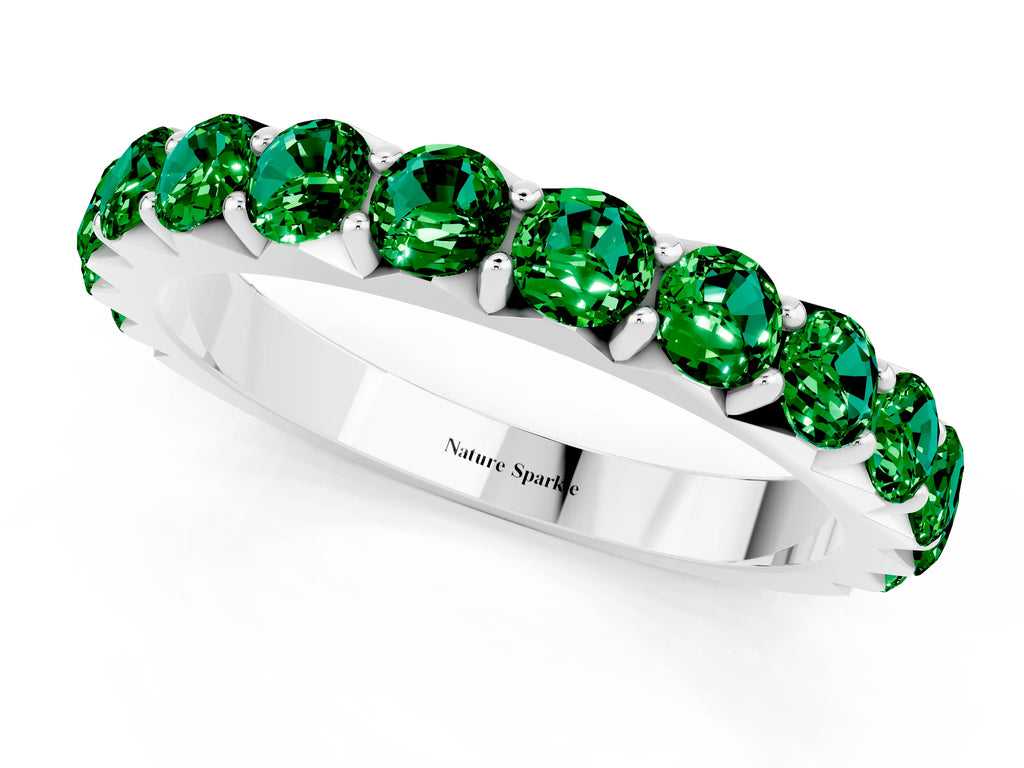Round Emerald Polished Half Eternity Band in Platinum with Classic Prong Setting