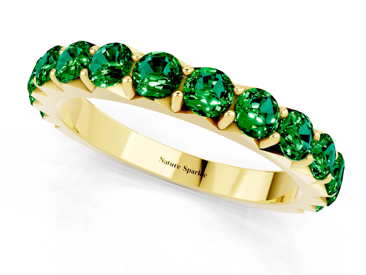 Round Emerald Polished Half Eternity Band in Yellow gold with Classic Prong Setting