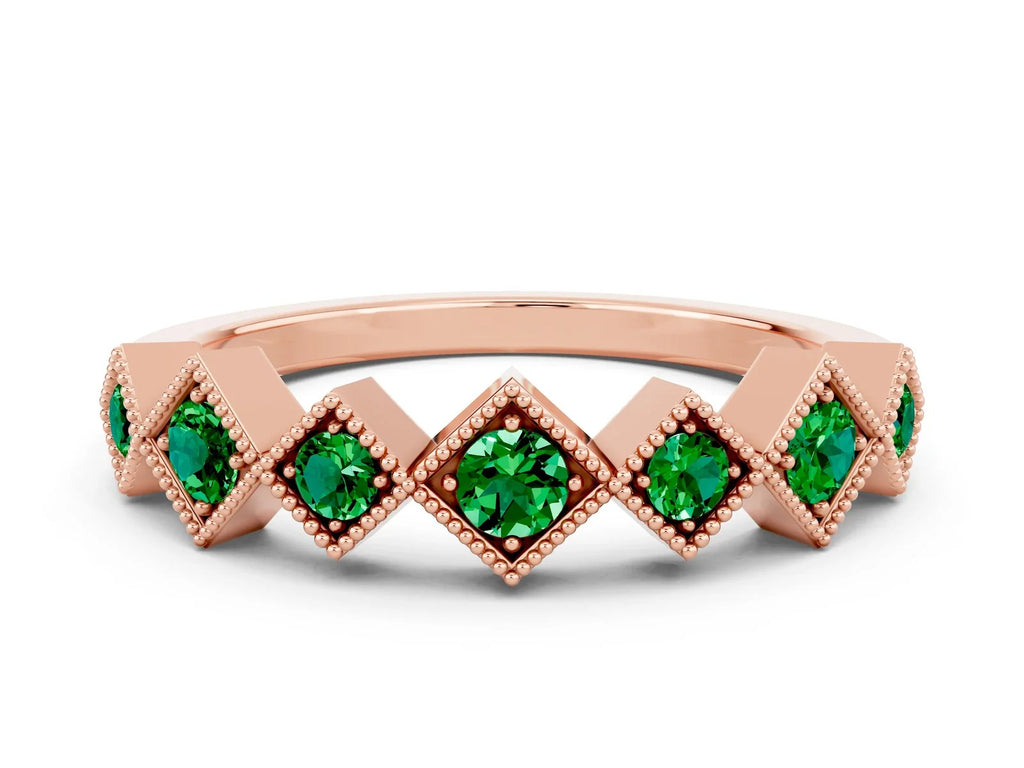Round Emerald Square Bezel Chevron Band in Rose gold with Milgrain Detailing 