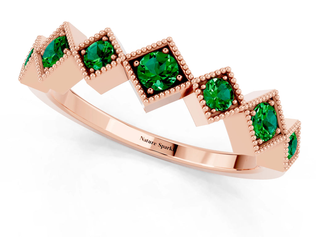 Round Emerald Square Bezel Chevron Band in Rose gold with Milgrain Detailing