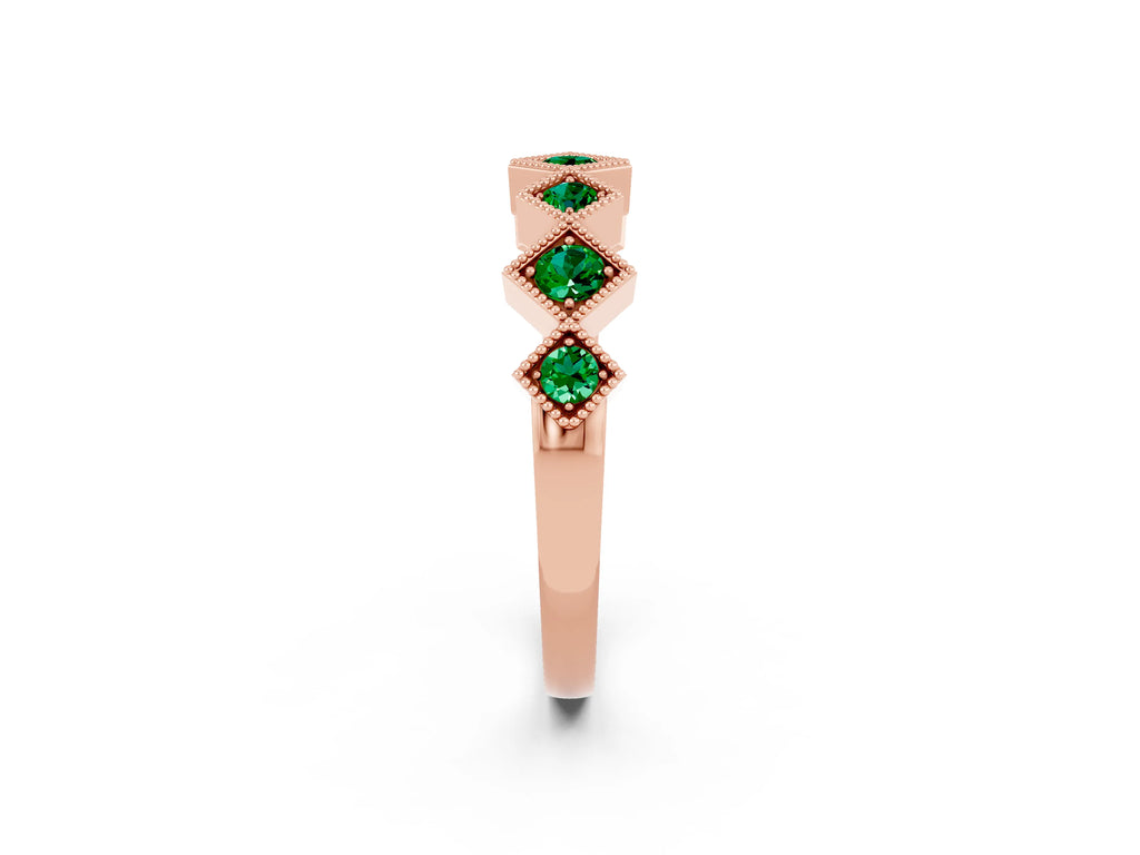 Round Emerald Square Bezel Chevron Band in Rose gold with Milgrain Detailing