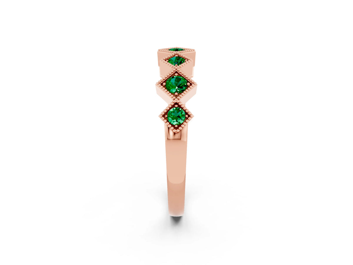 Round Emerald Square Bezel Chevron Band in Rose gold with Milgrain Detailing