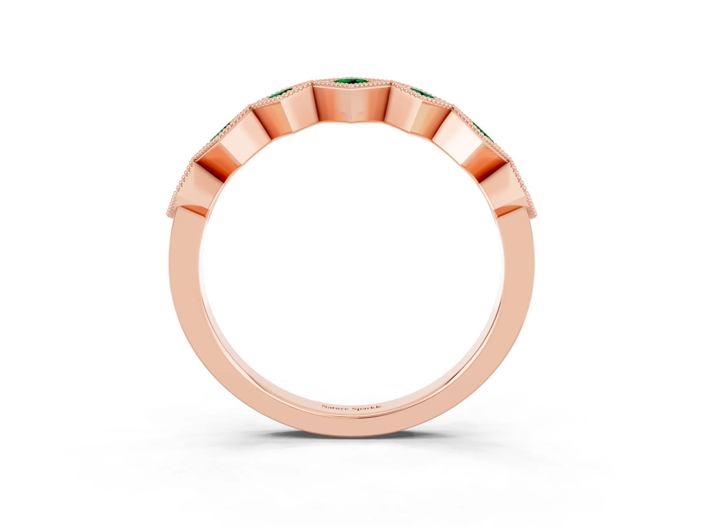 Round Emerald Square Bezel Chevron Band in Rose gold with Milgrain Detailing