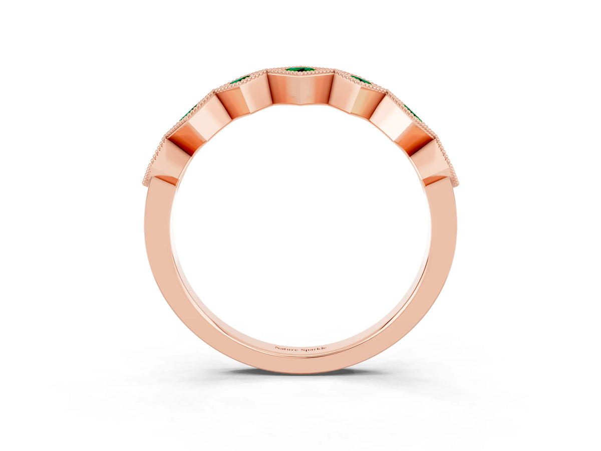 Round Emerald Square Bezel Chevron Band in Rose gold with Milgrain Detailing