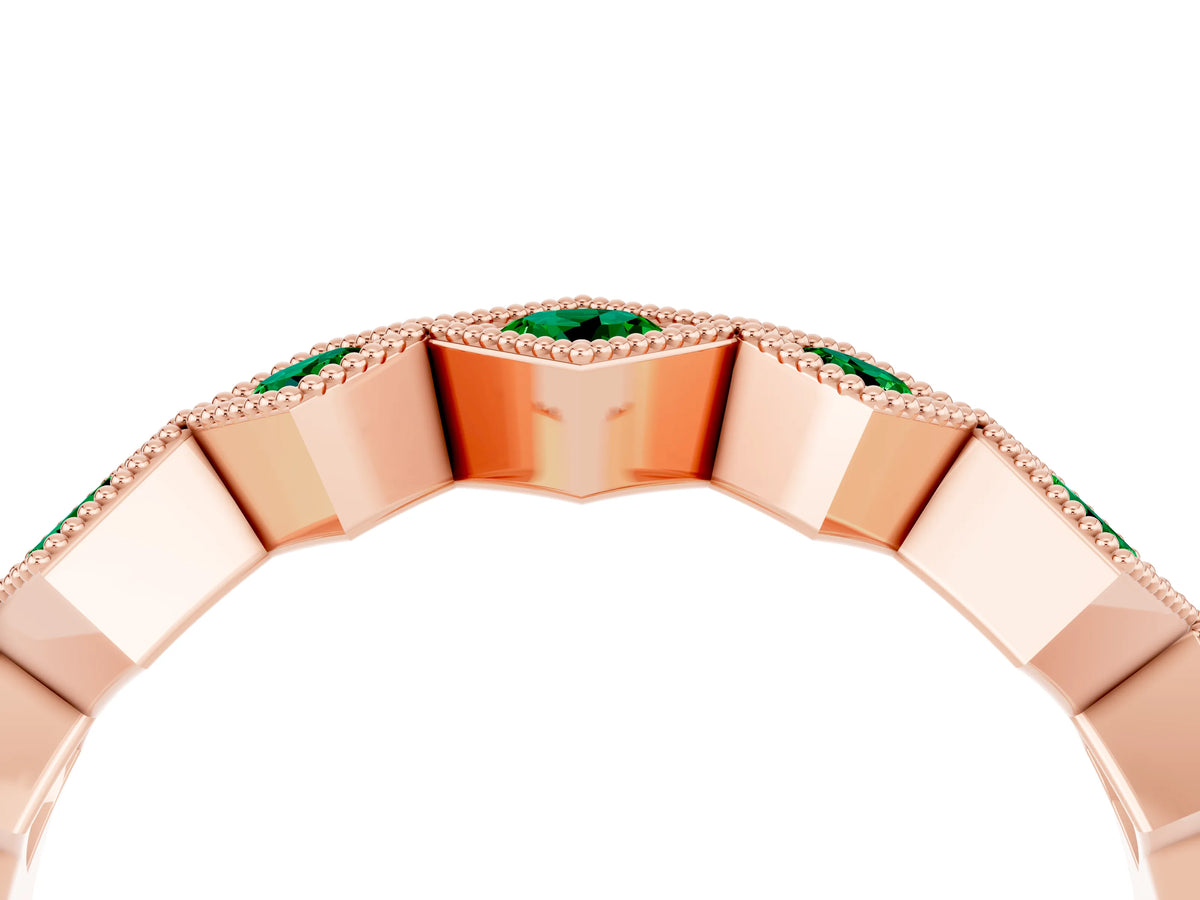 Round Emerald Square Bezel Chevron Band in Rose gold with Milgrain Detailing