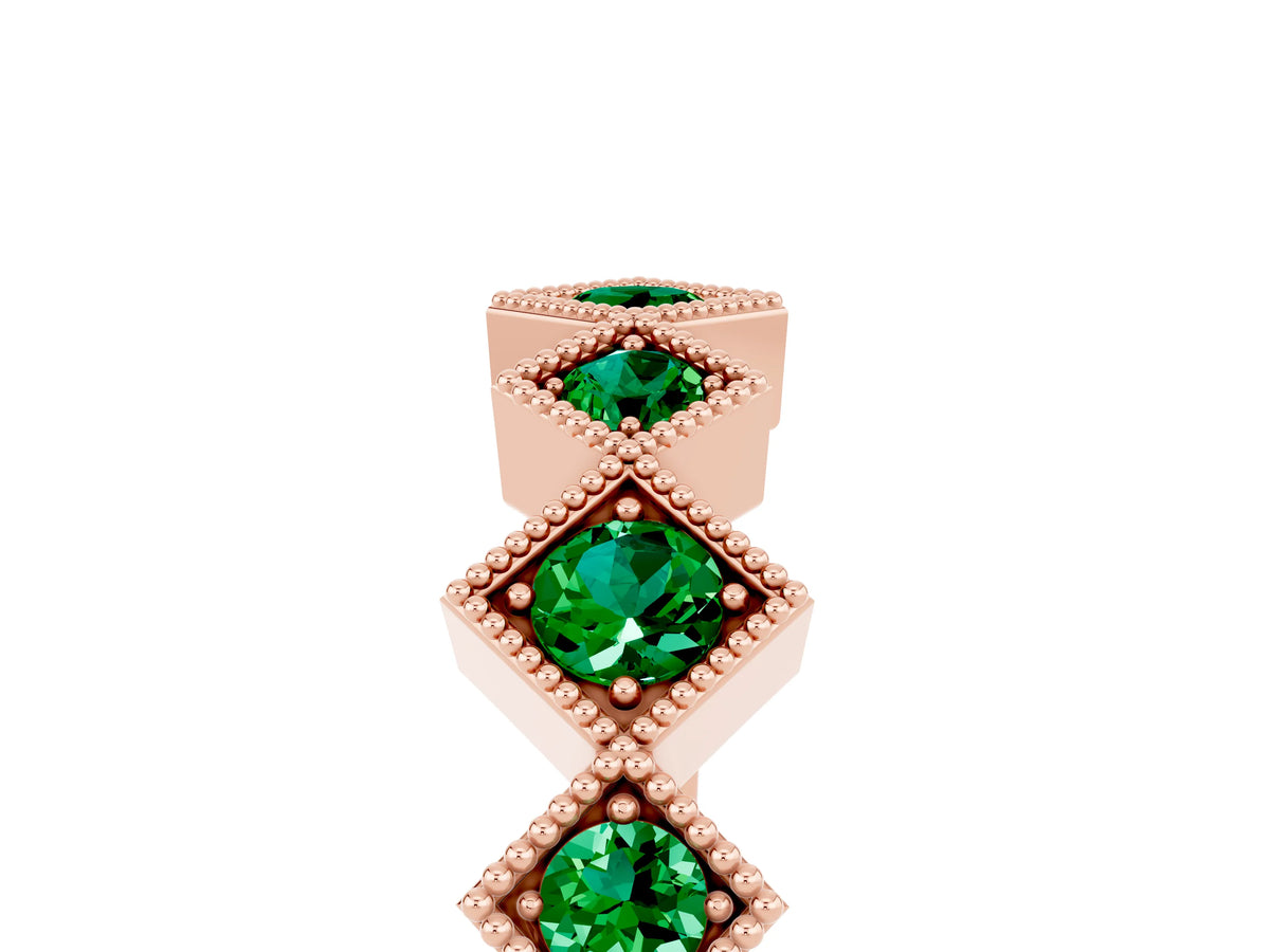 Round Emerald Square Bezel Chevron Band in Rose gold with Milgrain Detailing