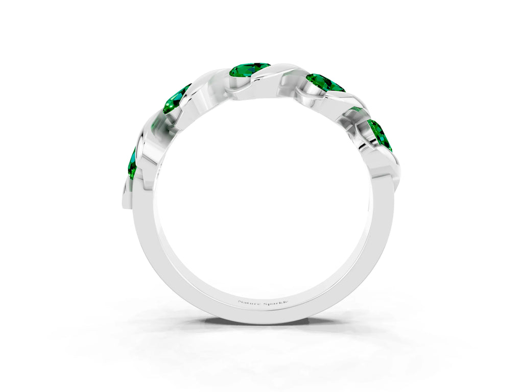 Round Emerald Wave Band in White gold with Channel Setting and Shared Prongs