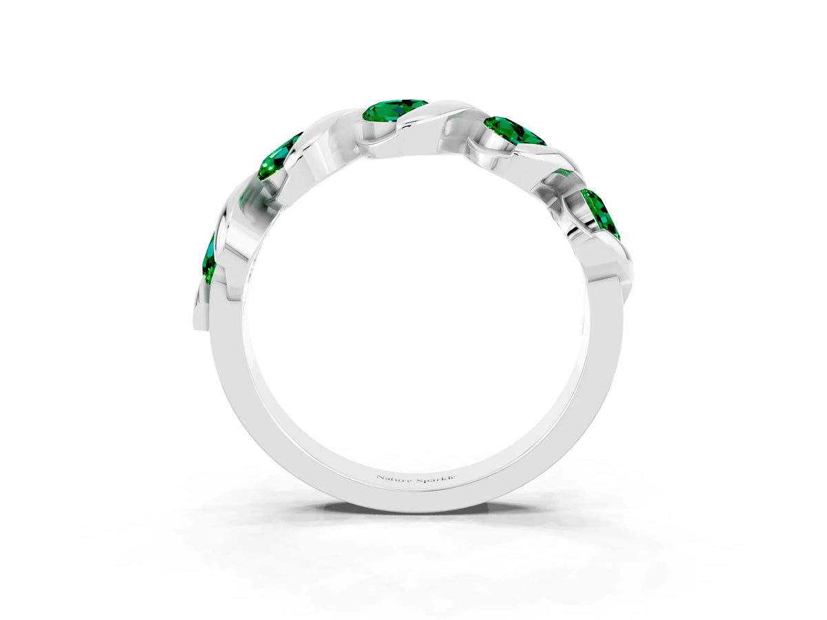 Round Emerald Wave Band in White gold with Channel Setting and Shared Prongs