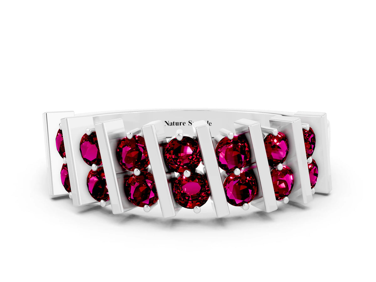 Round Garnet Anniversary Band in Platinum with Channel Setting and Vertical Prongs