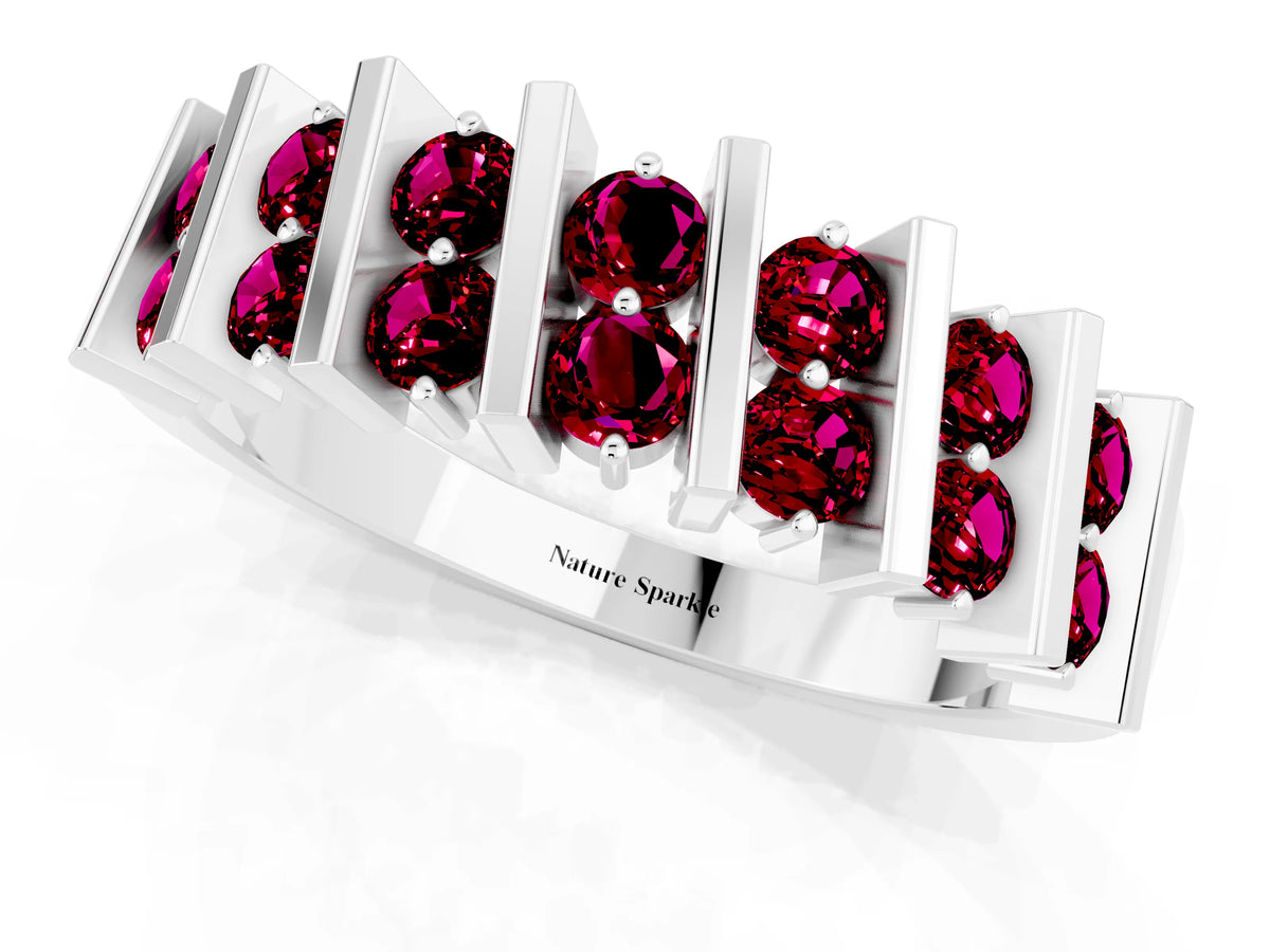 Round Garnet Anniversary Band in Platinum with Channel Setting and Vertical Prongs