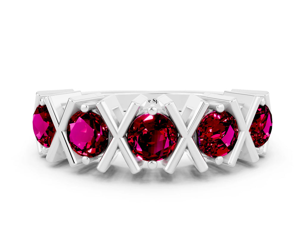 Round Garnet Channel Set Band in White gold with X-Prong Detail