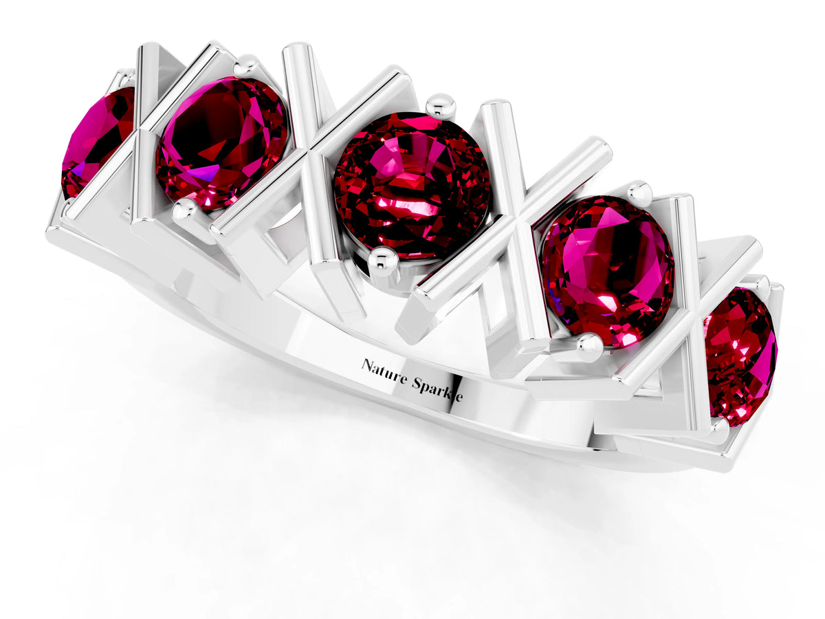Round Garnet Channel Set Band in White gold with X-Prong Detail
