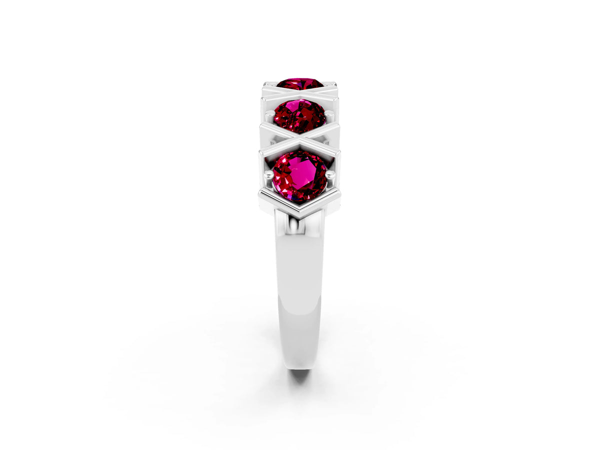 Round Garnet Channel Set Band in White gold with X-Prong Detail