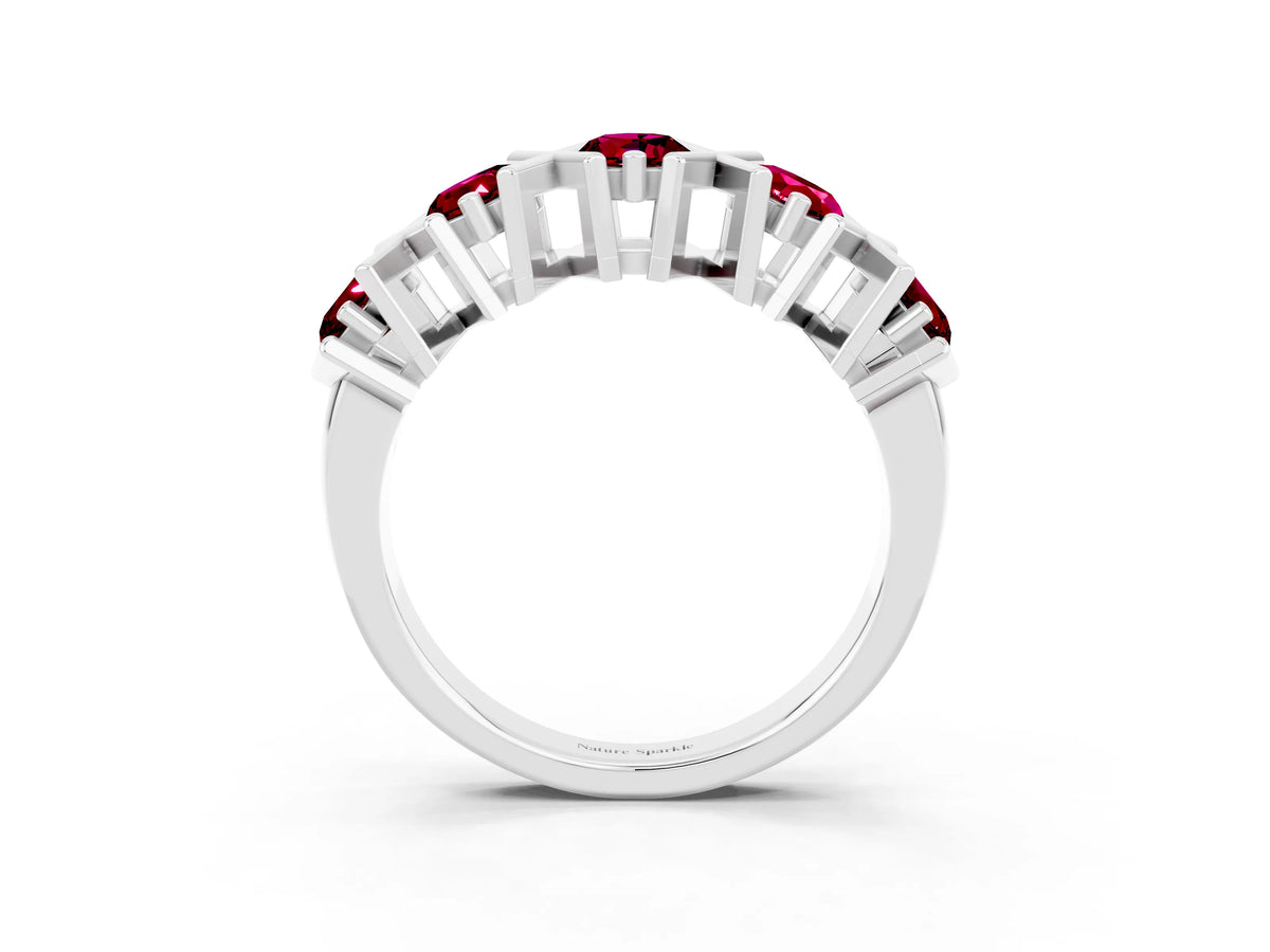 Round Garnet Channel Set Band in White gold with X-Prong Detail