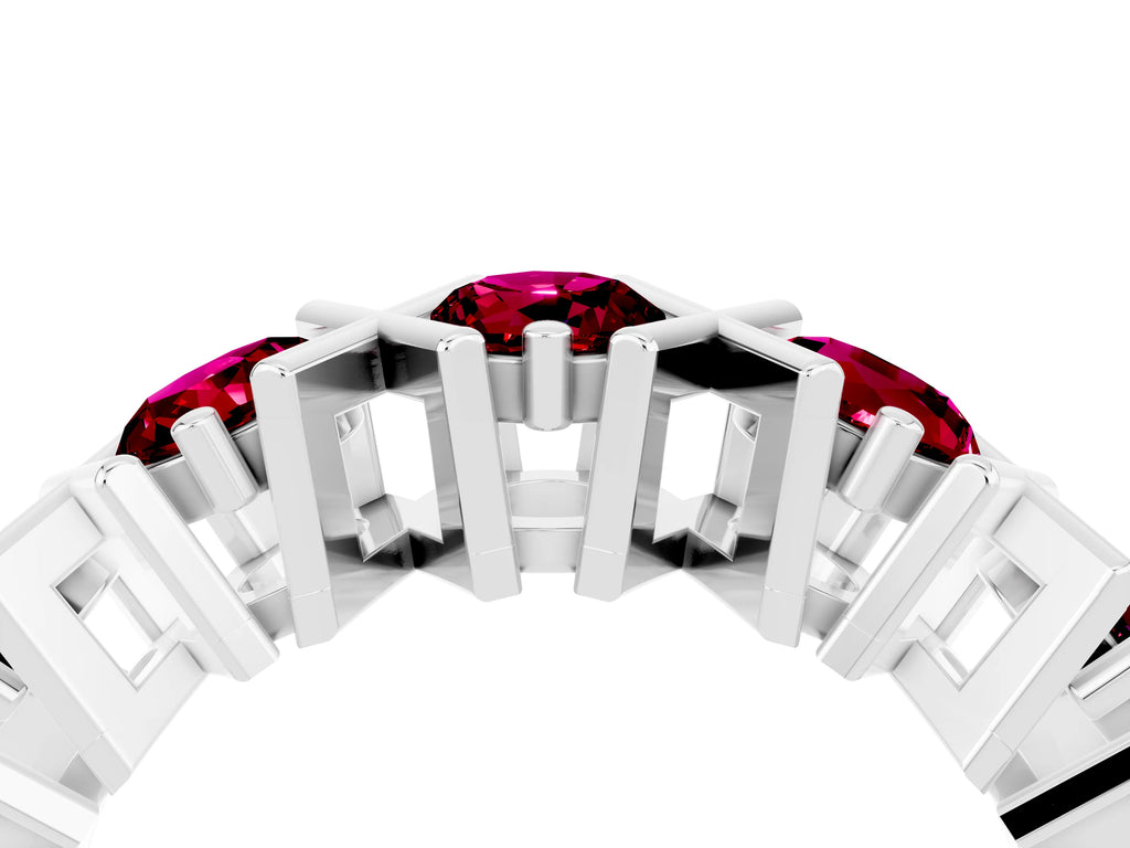 Round Garnet Channel Set Band in White gold with X-Prong Detail