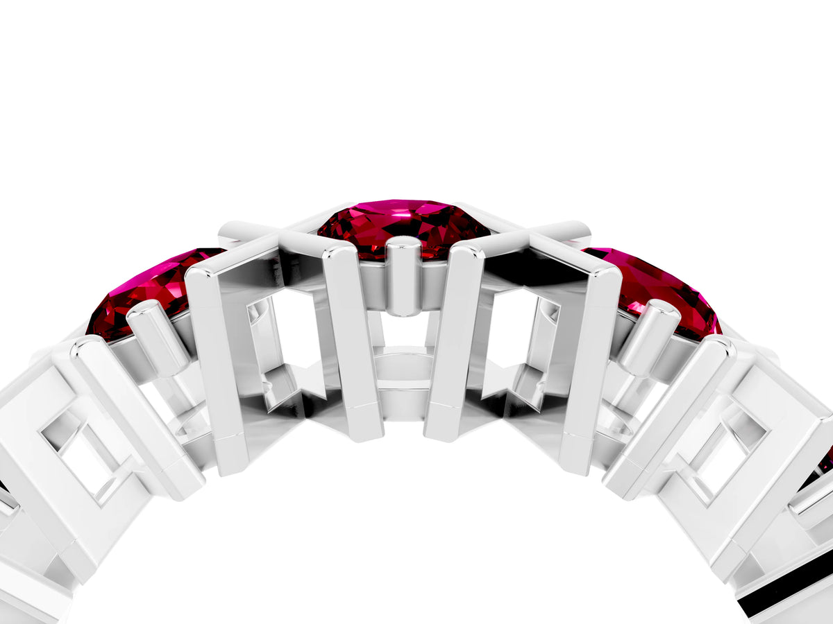 Round Garnet Channel Set Band in White gold with X-Prong Detail