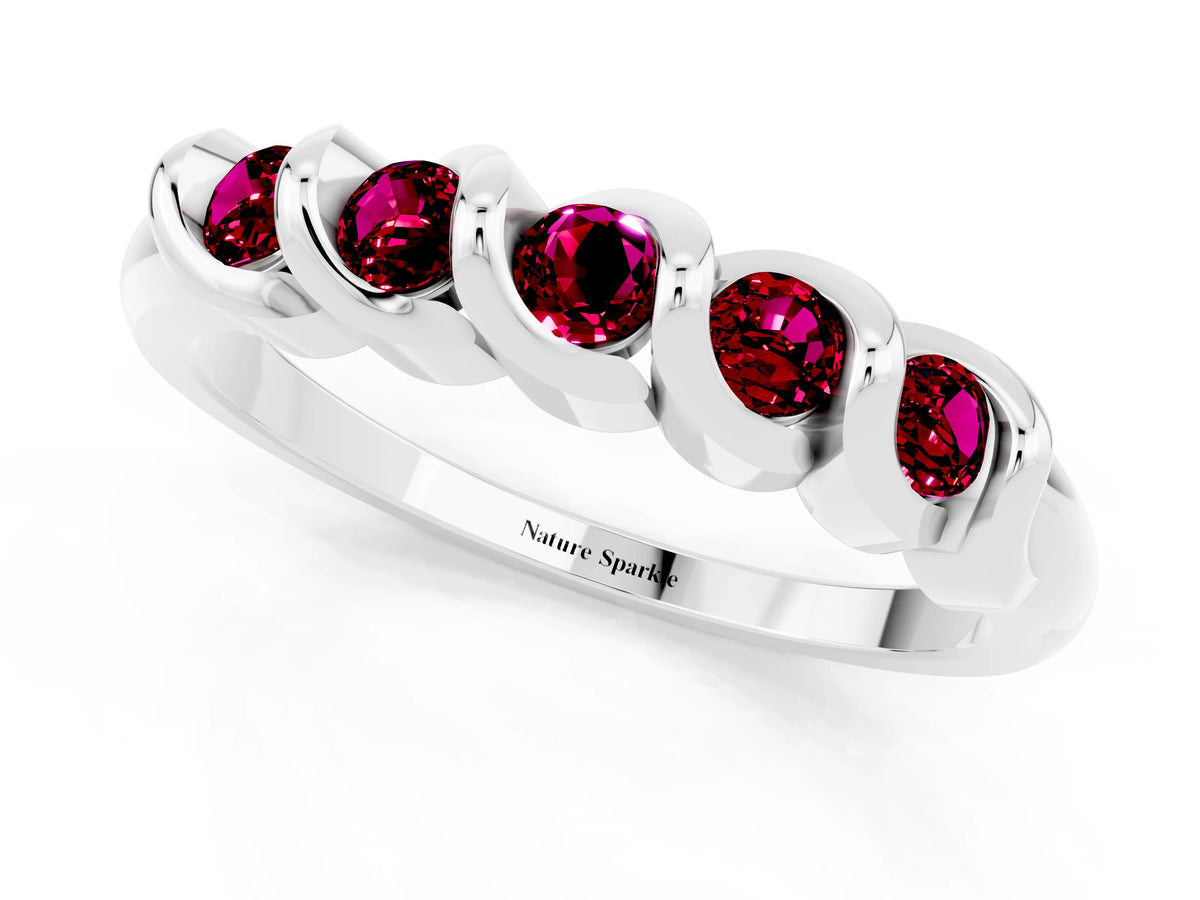 Round Garnet Eternity Band in Platinum with Twist Prong Setting
