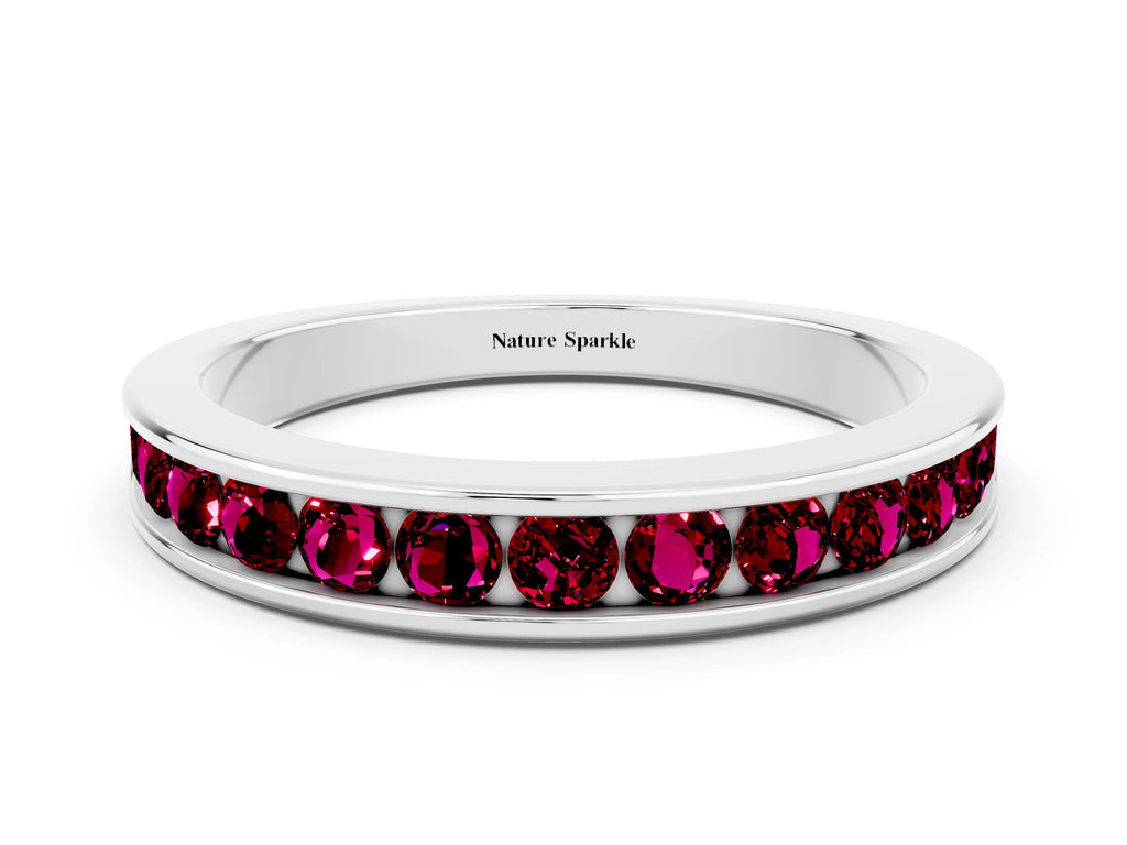 Round Garnet Eternity Band in Silver with Smooth Channel Setting