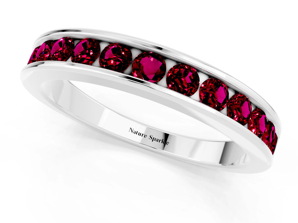 Round Garnet Eternity Band in Silver with Smooth Channel Setting
