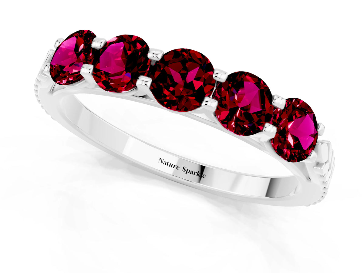 Round Garnet Five-Stone Band in Platinum with Prong Setting