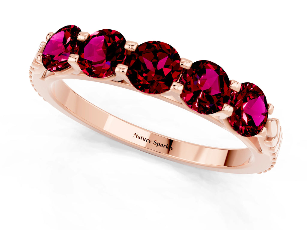 Round Garnet Five-Stone Band in Rose gold with Prong Setting