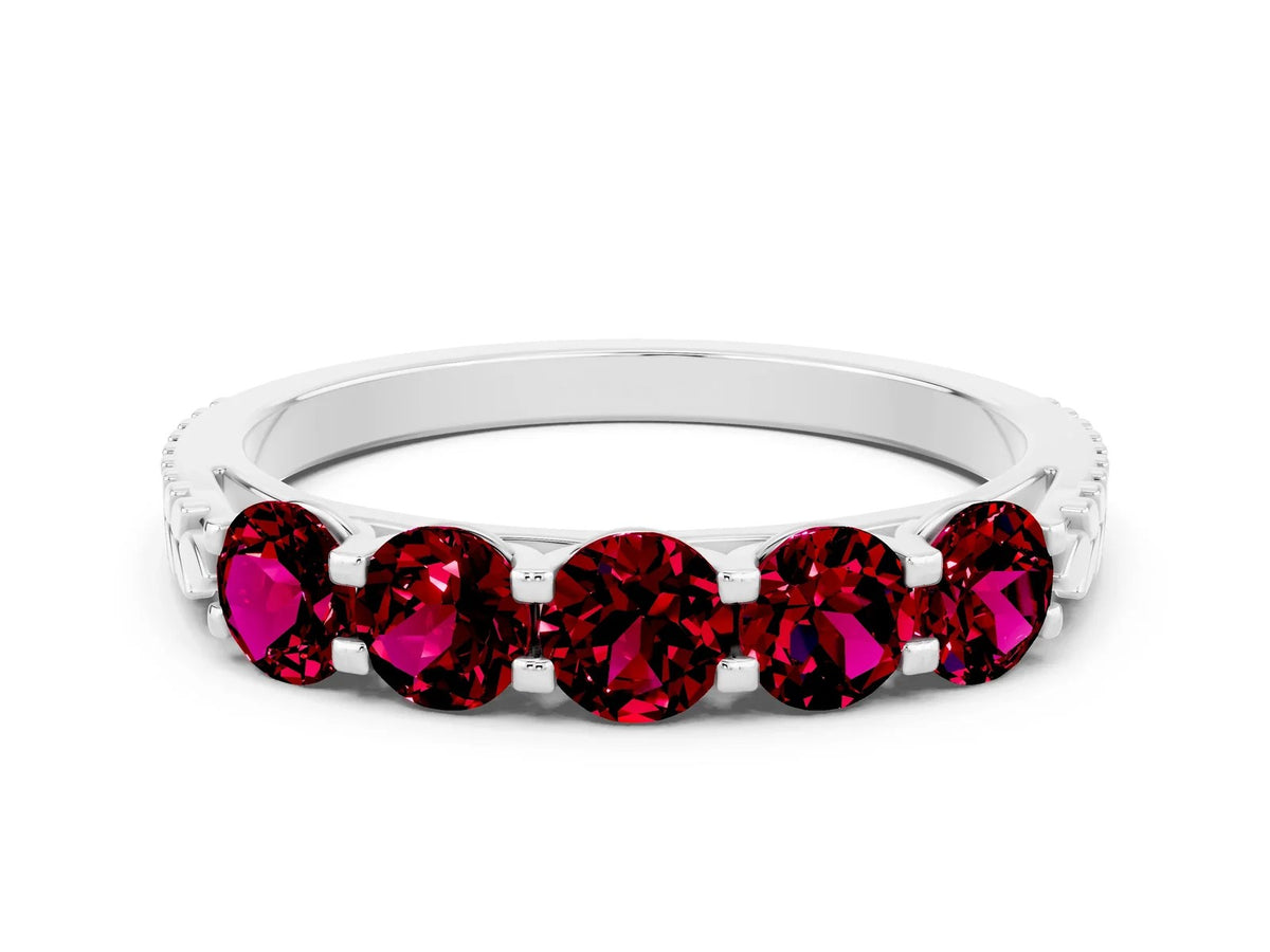 Round Garnet Five-Stone Band in White gold with Prong Setting 