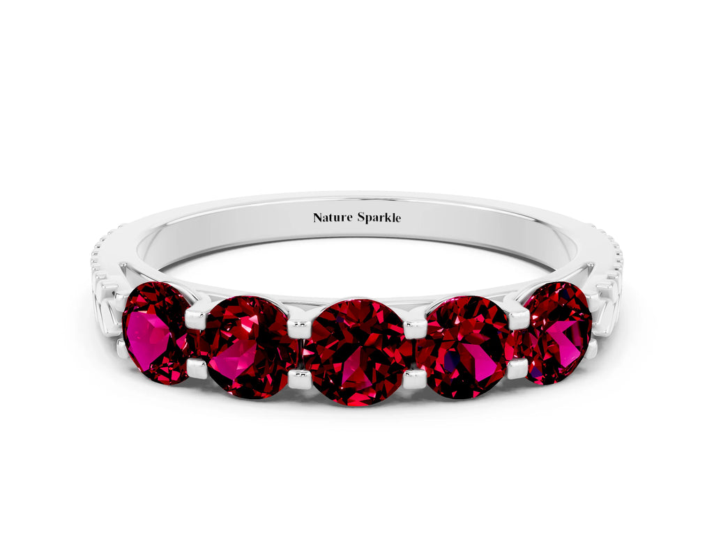 Round Garnet Five-Stone Band in White gold with Prong Setting