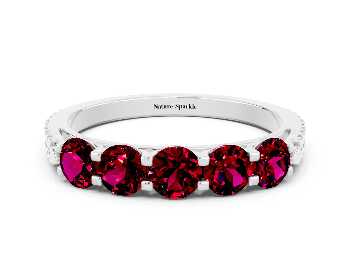 Round Garnet Five-Stone Band in White gold with Prong Setting