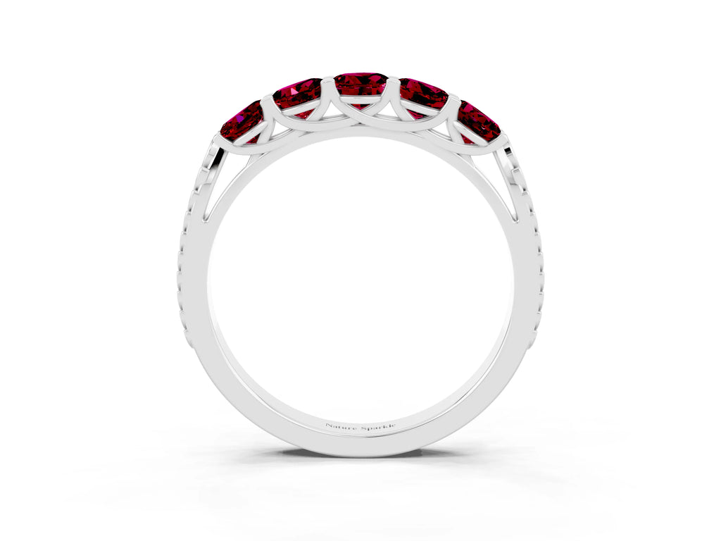 Round Garnet Five-Stone Band in White gold with Prong Setting