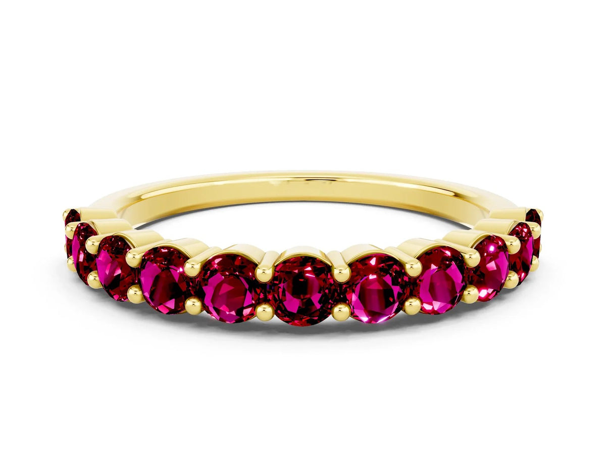 Round Garnet Half Eternity Band in Yellow gold with Classic Prong Setting 