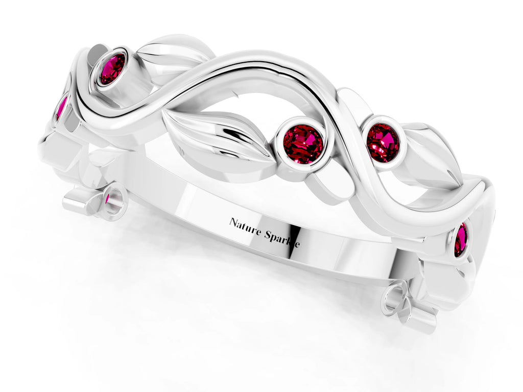 Round Garnet Leaf Motif Eternity Band in Platinum with Bezel Setting
