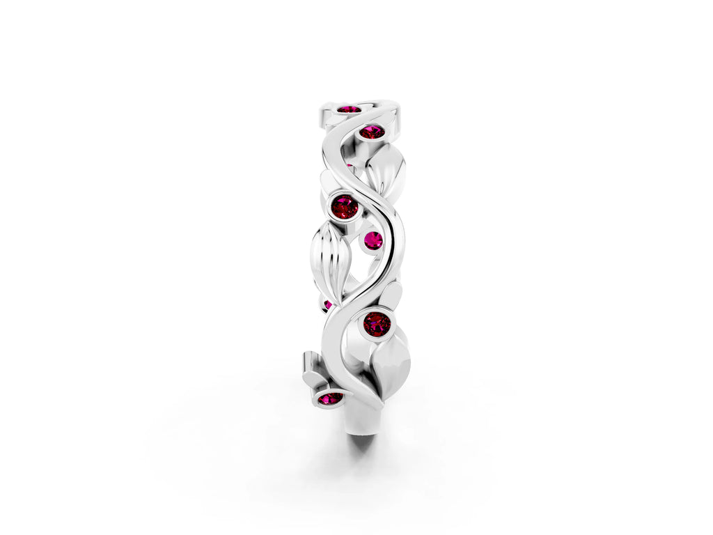 Round Garnet Leaf Motif Eternity Band in Platinum with Bezel Setting