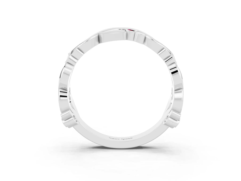 Round Garnet Leaf Motif Eternity Band in Platinum with Bezel Setting