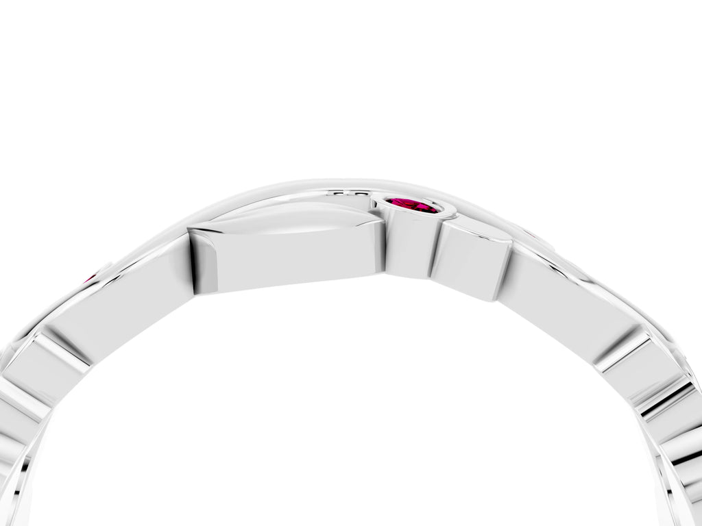 Round Garnet Leaf Motif Eternity Band in Platinum with Bezel Setting