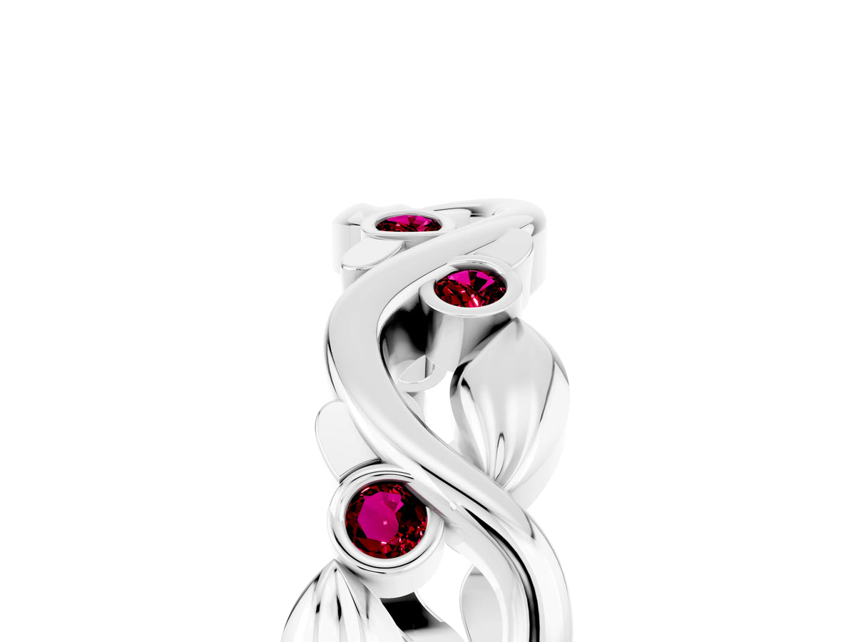 Round Garnet Leaf Motif Eternity Band in Platinum with Bezel Setting
