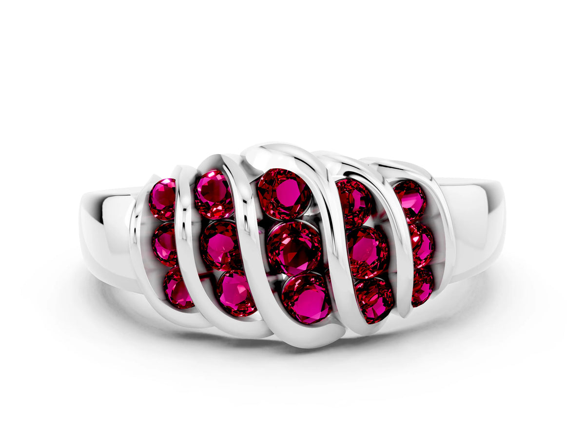 Round Garnet Multi-Row Crossover Band in Platinum with Polished Curves