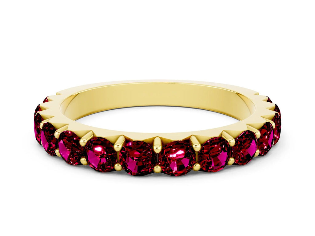 Round Garnet Polished Half Eternity Band in Yellow gold with Classic Prong Setting 