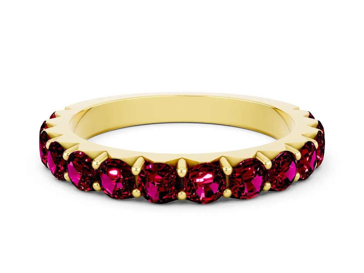 Round Garnet Polished Half Eternity Band in Yellow gold with Classic Prong Setting 