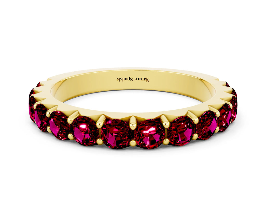 Round Garnet Polished Half Eternity Band in Yellow gold with Classic Prong Setting