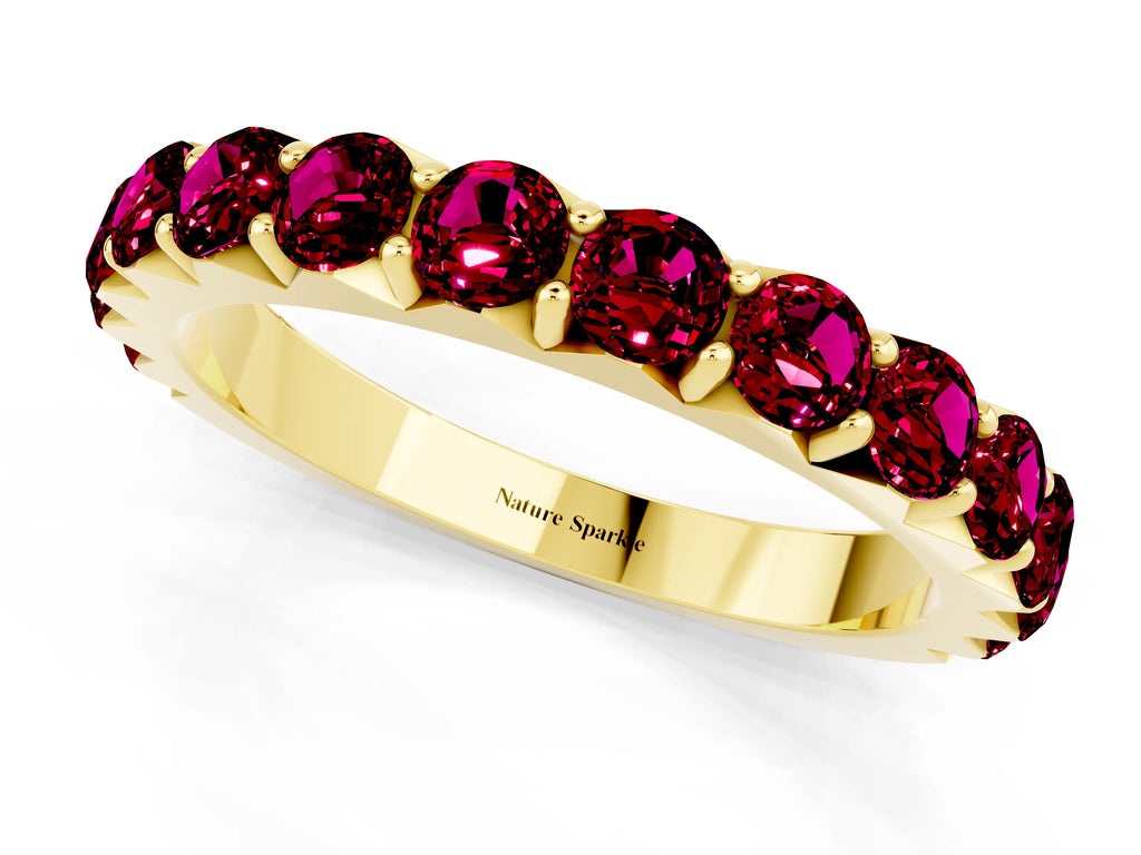 Round Garnet Polished Half Eternity Band in Yellow gold with Classic Prong Setting