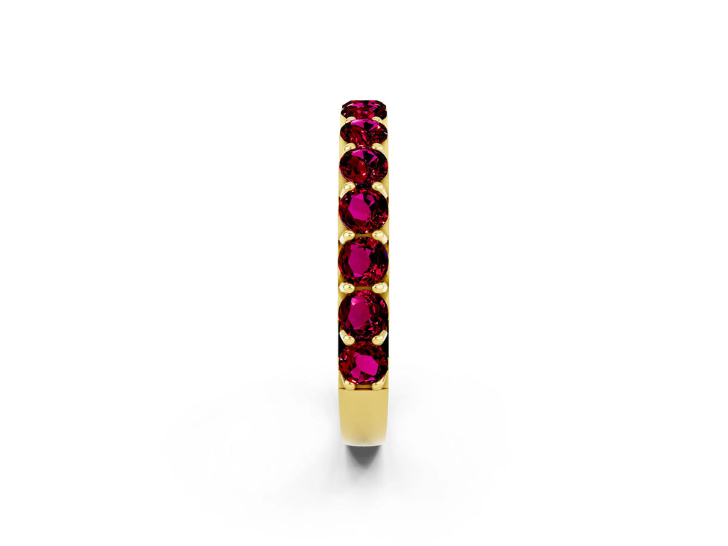 Round Garnet Polished Half Eternity Band in Yellow gold with Classic Prong Setting