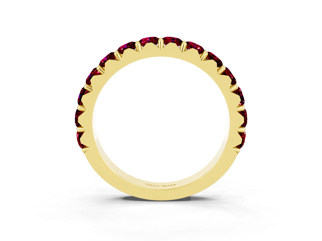 Round Garnet Polished Half Eternity Band in Yellow gold with Classic Prong Setting