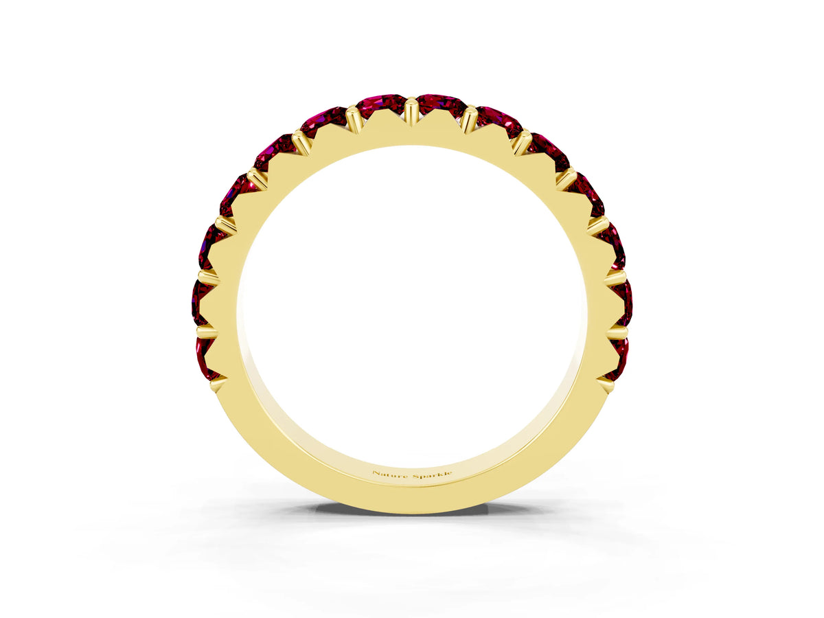 Round Garnet Polished Half Eternity Band in Yellow gold with Classic Prong Setting