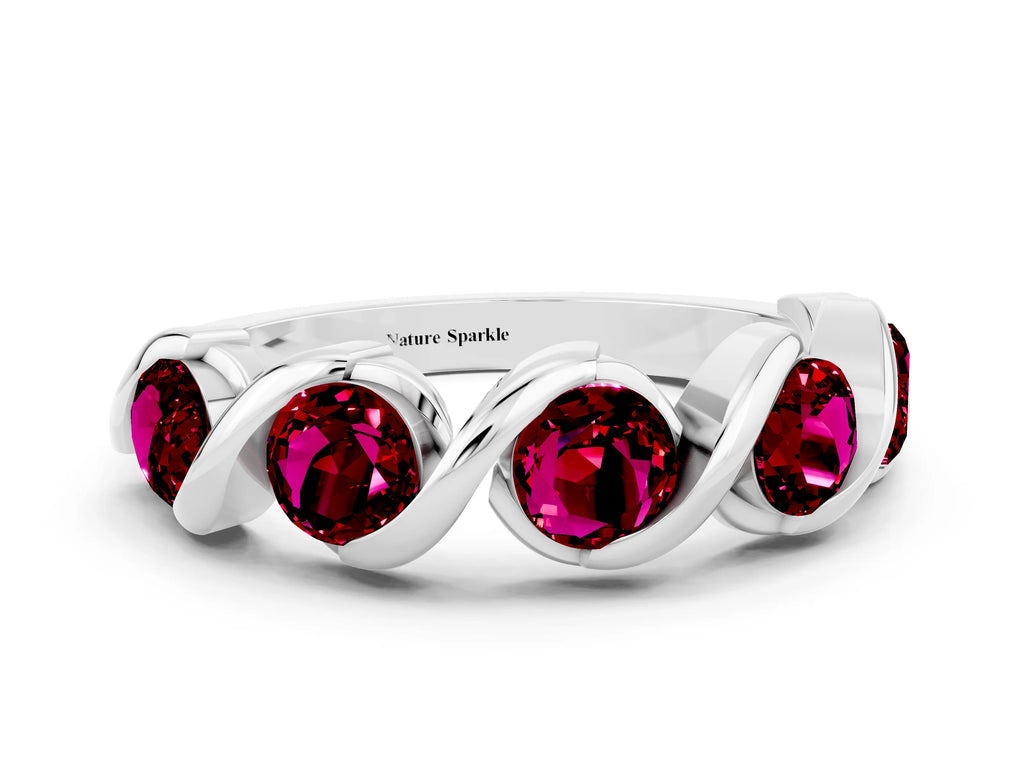 Round Garnet Wave Band in Platinum with Channel Setting and Shared Prongs