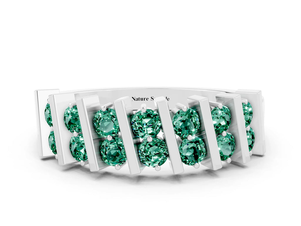 Round Green Sapphire Anniversary Band in Silver with Channel Setting and Vertical Prongs
