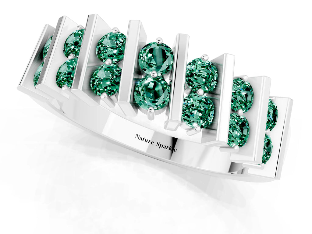 Round Green Sapphire Anniversary Band in Silver with Channel Setting and Vertical Prongs