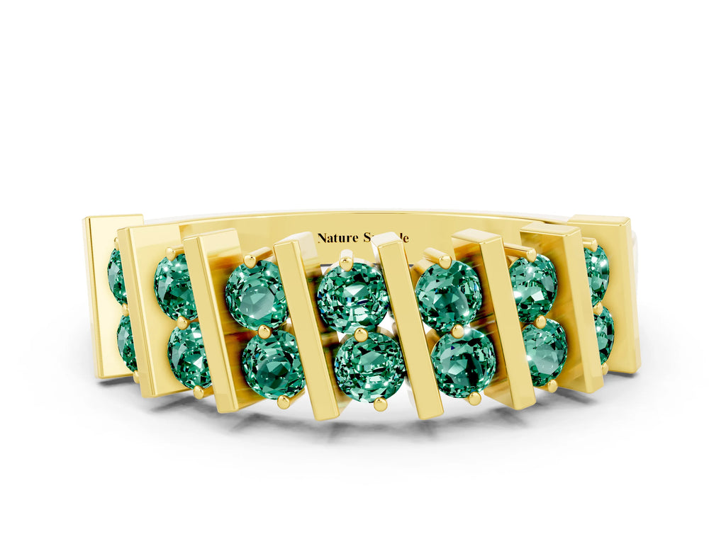 Round Green Sapphire Anniversary Band in Yellow gold with Channel Setting and Vertical Prongs