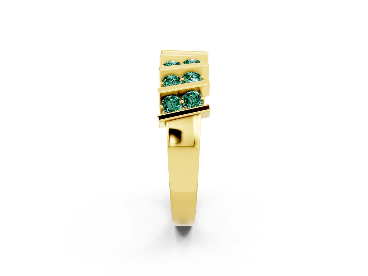 Round Green Sapphire Anniversary Band in Yellow gold with Channel Setting and Vertical Prongs