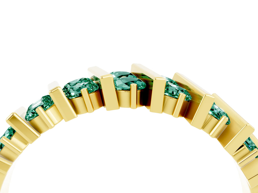 Round Green Sapphire Anniversary Band in Yellow gold with Channel Setting and Vertical Prongs